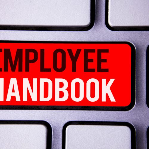 Word writing text Employee Handbook. Business concept for Document Manual Regulations Rules Guidebook Policy Code White Text two words red tab key button press computer keyboard work.