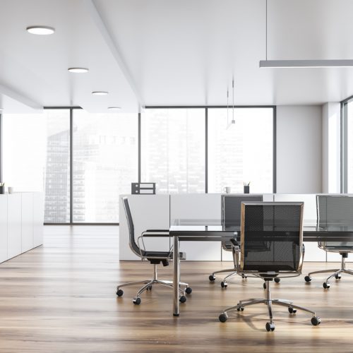 Modern white empty office interior with board table. 3D render.
