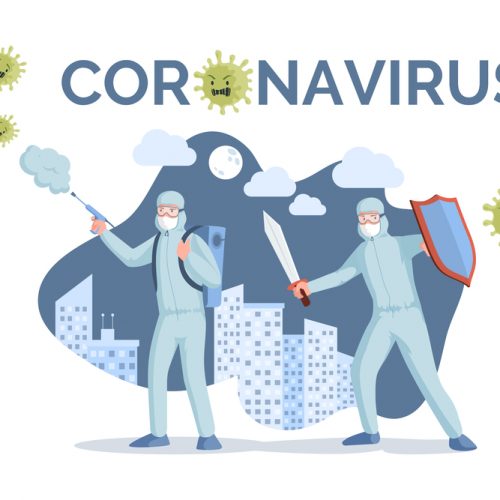 Coronavirus banner template. Medical workers in protective masks and suits fighting coronavirus vector flat illustration.