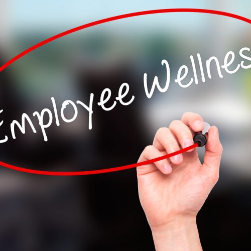 Man Hand writing Employee Wellness with black marker on visual s